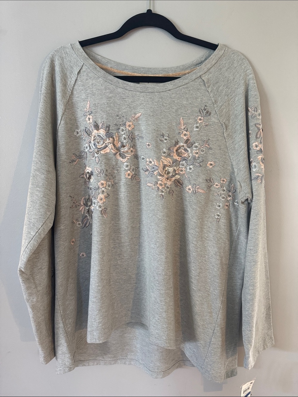 Style&Co Embroidered Floral Long-Sleeve Pullover Top - Light Gray